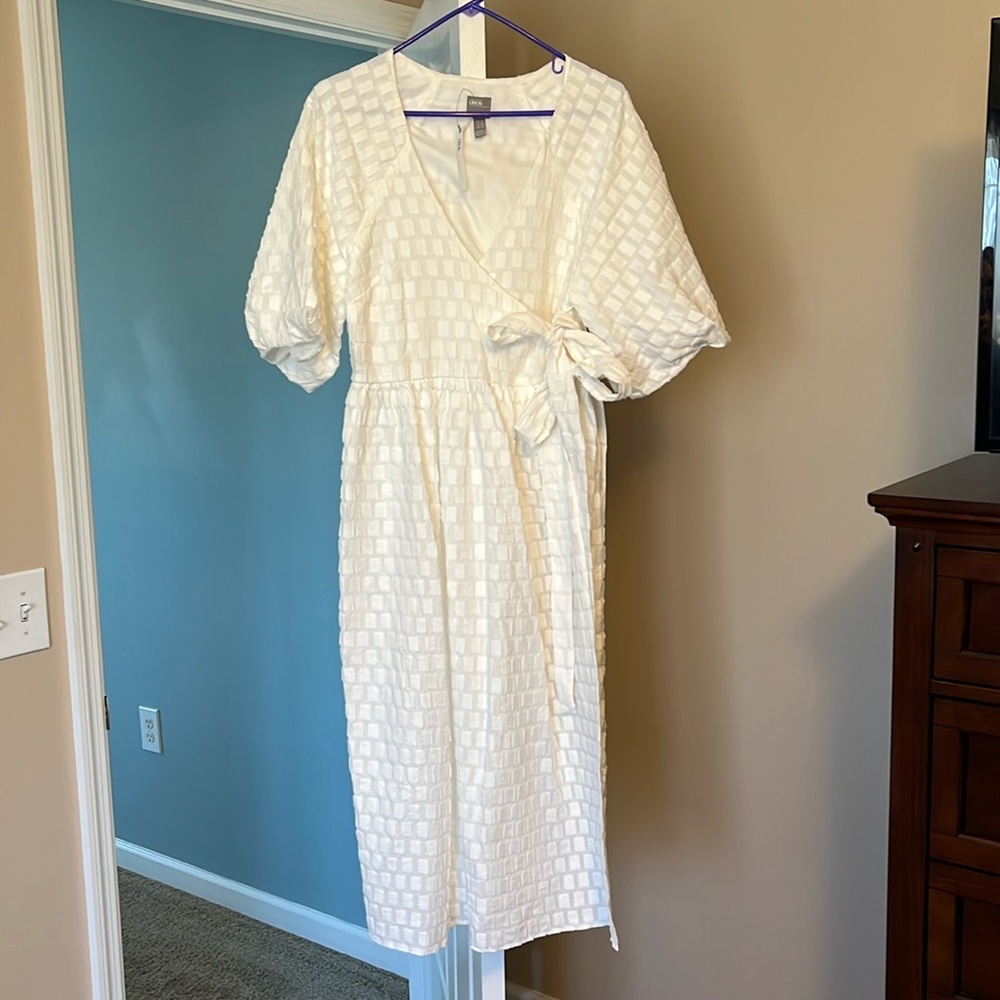 NEW ASOS White Textured Cotton Puff Sleeve Summer Wrap Dress Women’s Size 6